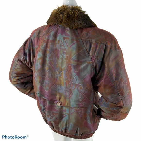 Braefair Coat Womens Sz S Vintage Aztec Retro 90's Leather trim Faux Fur Collar - Picture 3 of 8